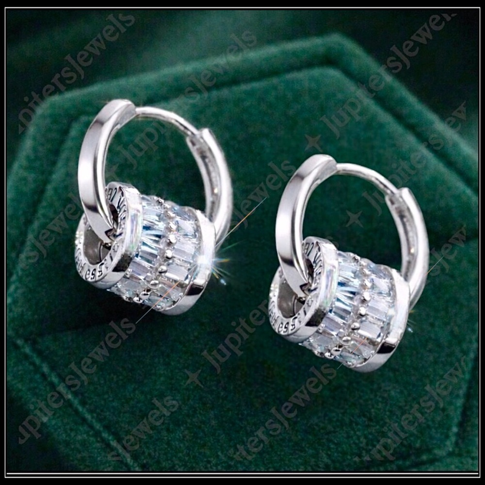 NEW SILVER STEEL BAGUETTE DIAMOND "BELOVED" LUCKY WHEEL HOOP EARRINGS